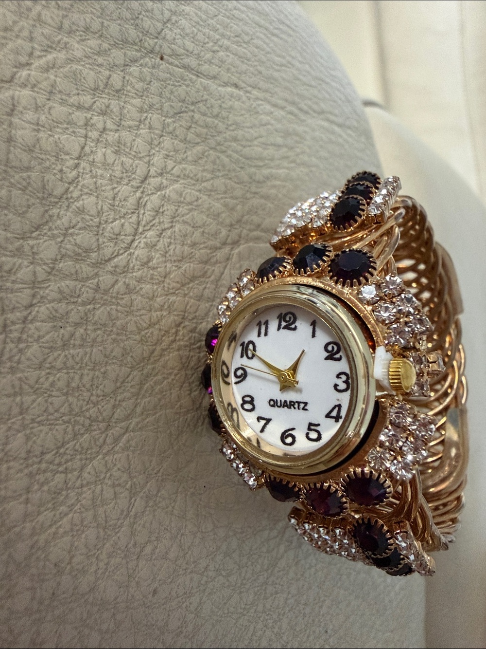 Source Unknown Gold-Tone Bracelet Watch with Purple and Clear Accents